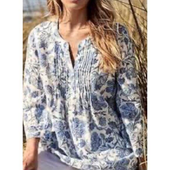 J Jill Linen Top Womens Small Pintucked Tunic Blue Floral Relaxed Cottagecore - Picture 1 of 10
